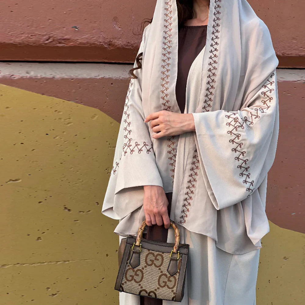 New Arrival Buckles Embroidery Abaya Hijab Dress Kimono Coat Outwear Women Long Sleeve Loose Arabic Muslim Dubai Moroccan Caftan