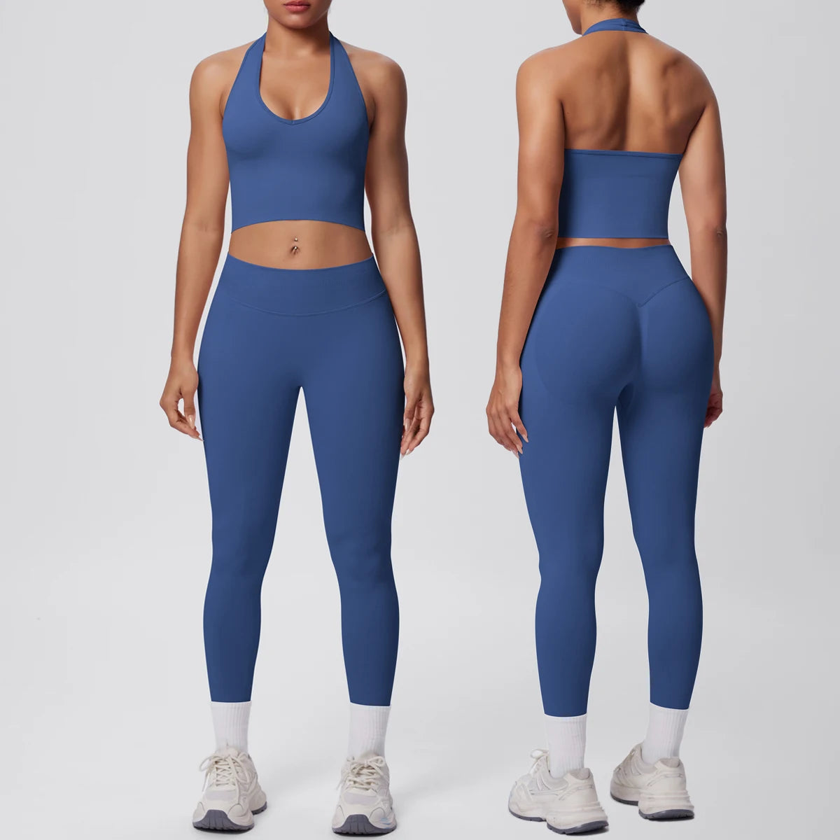Solid Color Backless Breathable 2pieces Set for Woman High Strength Training Yoga Set Hanging Neck Bra Gym Push Up Fitness Pants