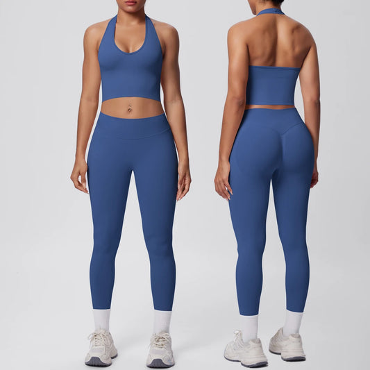 Solid Color Backless Breathable 2pieces Set for Woman High Strength Training Yoga Set Hanging Neck Bra Gym Push Up Fitness Pants