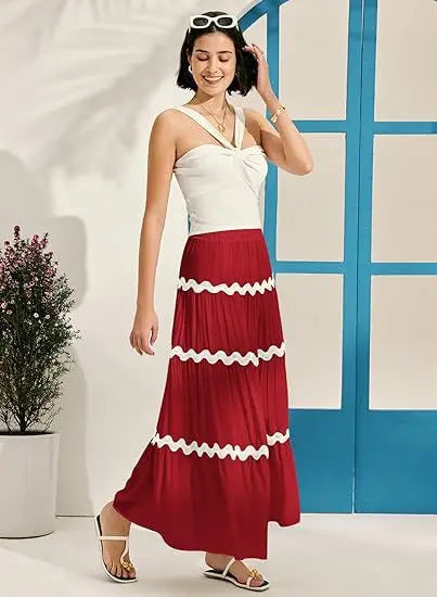 Women Dress Fashion Summer Women's Boho Elastic Waist A-line Skirt Fleece Frizzy Skirt Hem Layer Women's Vacation Outdoor Skirt