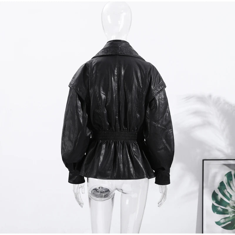 Faux Leather Jacket Women Turn-down Collar Zipper Front Puffy Sleeves Stylish Waist Cinching Coat 2025 Female Winter Outerwear