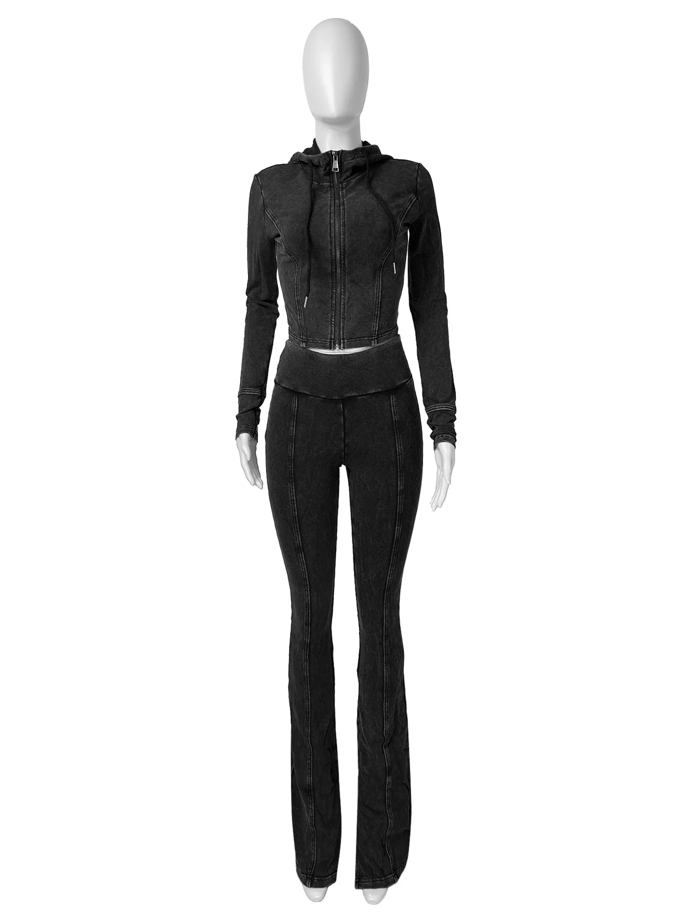 CM.YAYA Fashion Women's Set Long Sleeve Hooded Jacket and Slit Hem Flare Pants 2024 Fitness Two 2 Piece Set Outfits Tracksuit