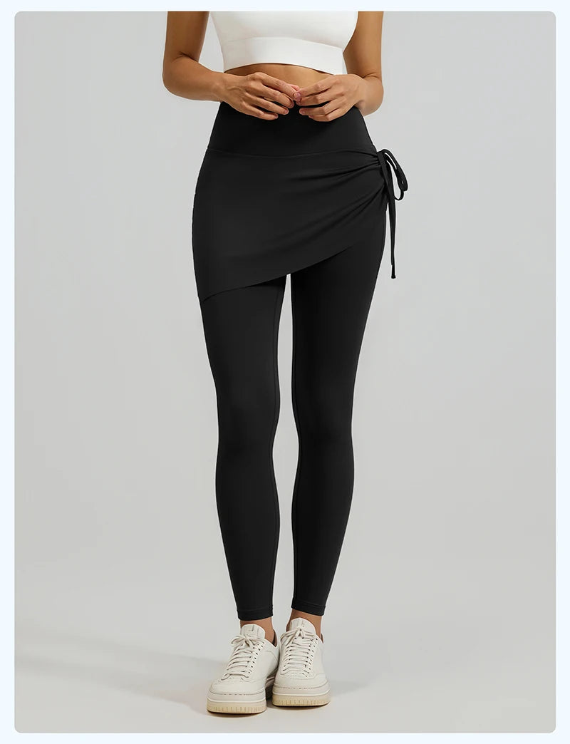 BIVIGAOS New Spring Drawstring Pleated Yoga Leggings Skirt Pants Fake Two Piece Women High Waist Elastic Sports Fitness Leggings