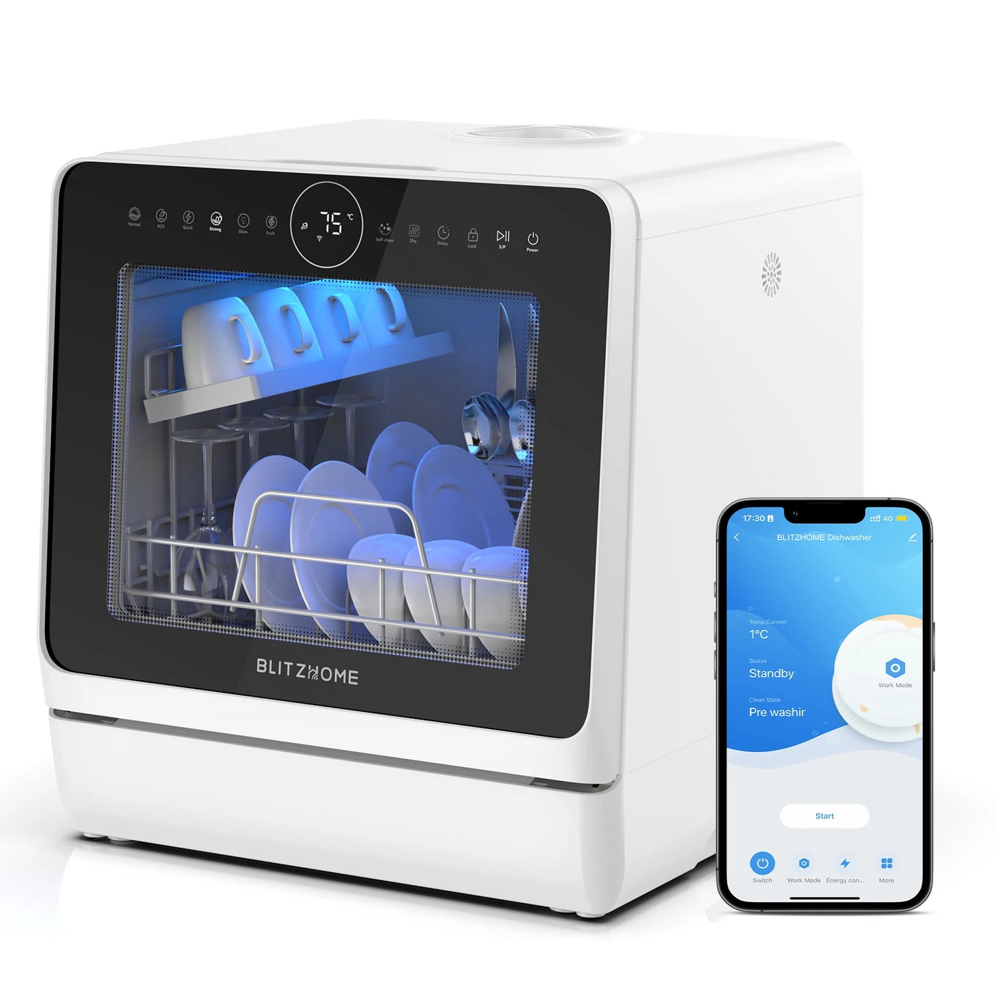 BLITZHOME BH-4-CDW Compact Smart Countertop Dishwasher APP Control 8 Programs 3D 360° Dual Spray With 5L Built-in Water Tank