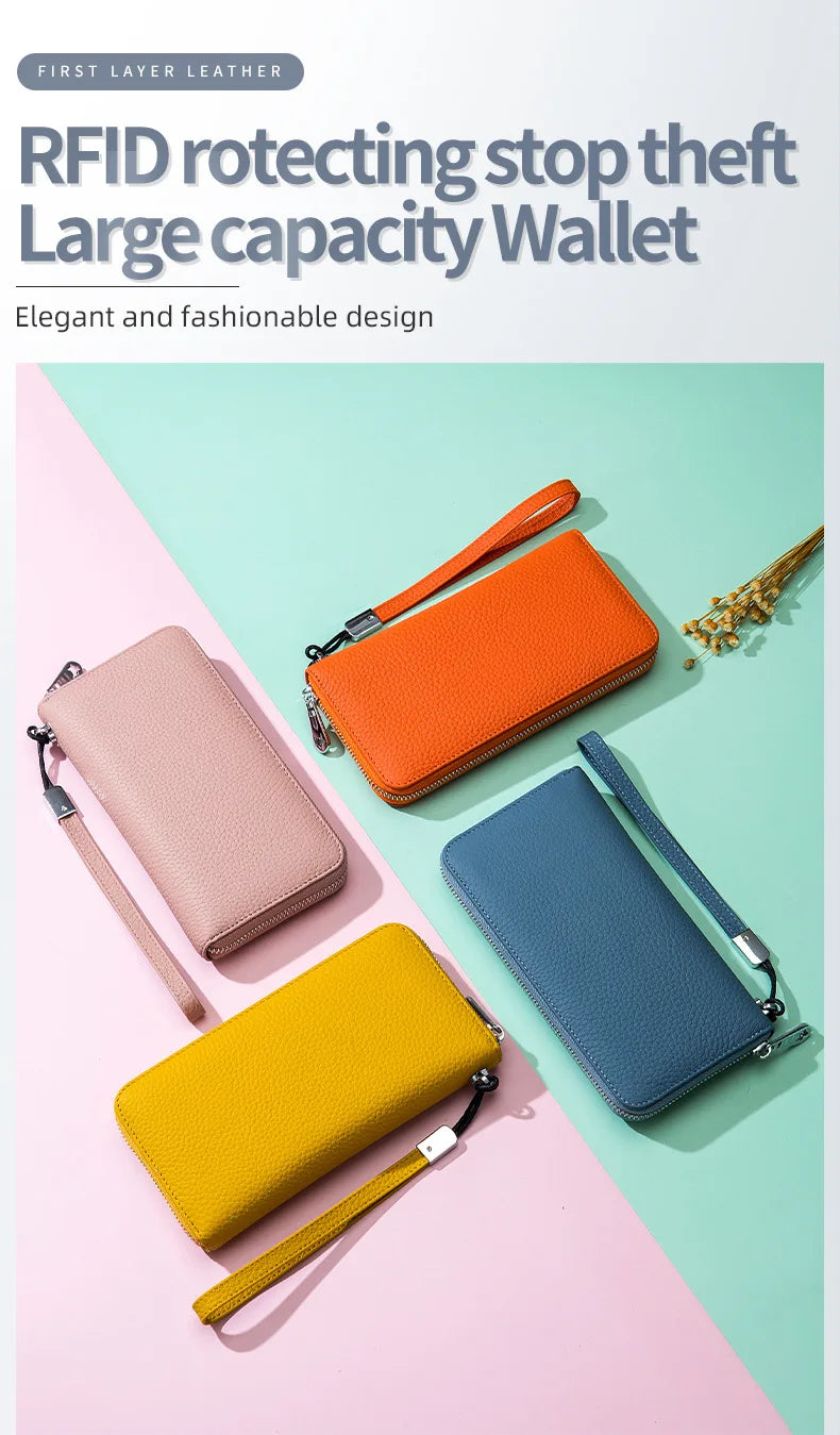 RFID Function Wallet for Women Geniune Leather Luxury Design Long Zipper Handbags Cowhide Card Bags Female Fashion Purse