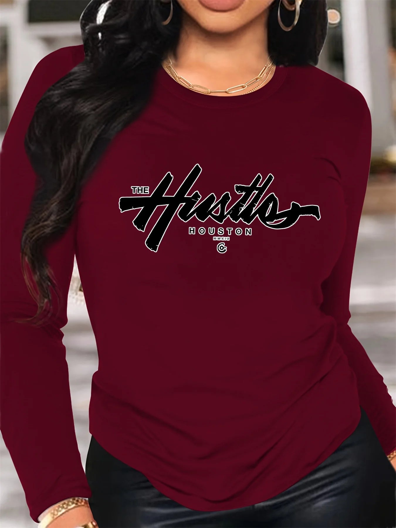 100% pure cotton women's spring and autumn comfortable casual long sleeved Houston letter graphic printed round neck T-shirt