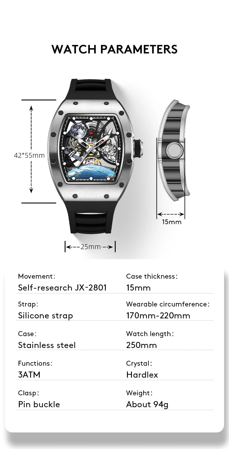 Hollow Automatic Mechanical Watch 5ATM Waterproof Sports Silicone Strap Custom Logo High-Quality Wristwatch Active Lifestyle