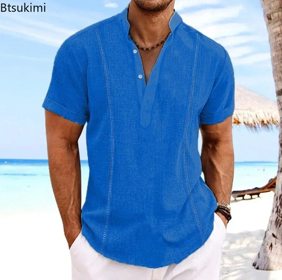 Men's Fashion Beach Holiday Shirts Summer Short Sleeve Cotton Linen T-shirt Comfort Breathable Casual Simple Lapel Tops for Men