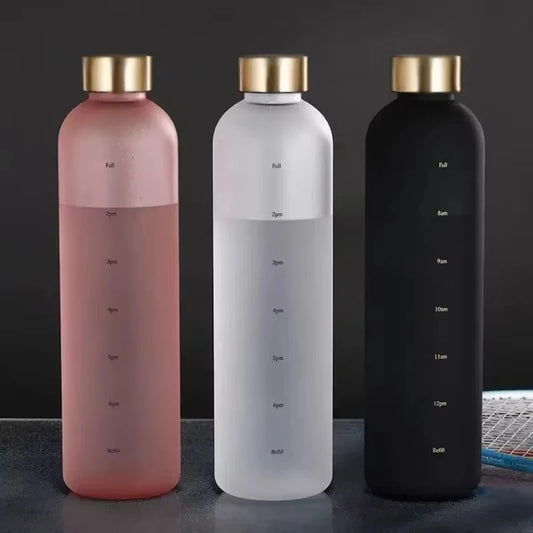 1L Water Bottle with Time Marker 32 OZ Fitness Sports Outdoor Travel Portable Leakproof Drinkware BPA Free Frosted Drink Bottles