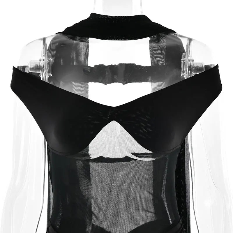 GACVGA Mesh Patchwork Sexy Bodycon Maxi Dress Women Draped Gown Summer Halter Backless Ruched High Split Club Party Long Dress