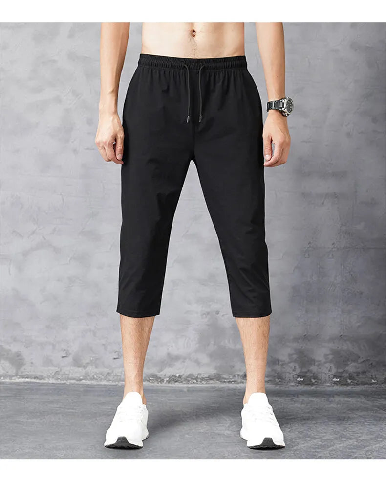 8XL 3/4 Length Men's Shorts Quick Drying Ice Silk Sport Shorts Summer Breeches Long Calf Bermuda Board Beach Elastic Big Size
