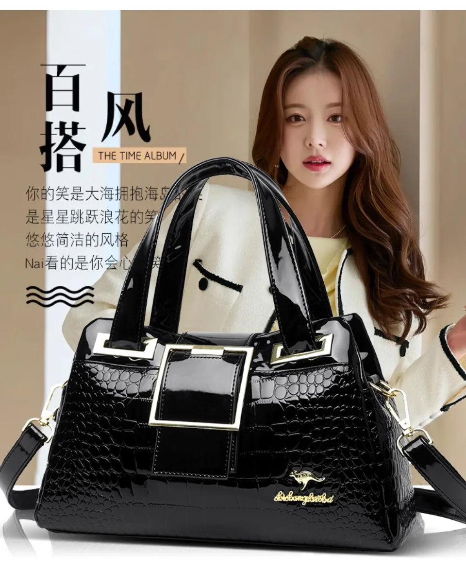 Fashion Elegant Madam Handbag Crocodile Pattern with Lattice Luxury Women Shoulder Tote Bag Two Layers Ladies Bag Big Belt Sac