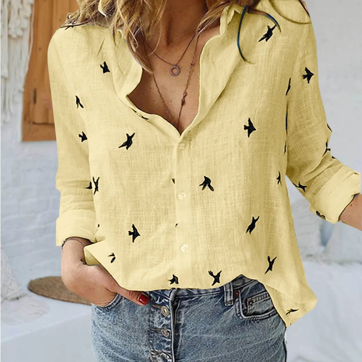 Korean Fashion Blue Pink Lapel Shirt Women'S Summer Thin Cool Cotton Linen Shirt French Elegant V-Neck Long Sleeve Shirt Lady