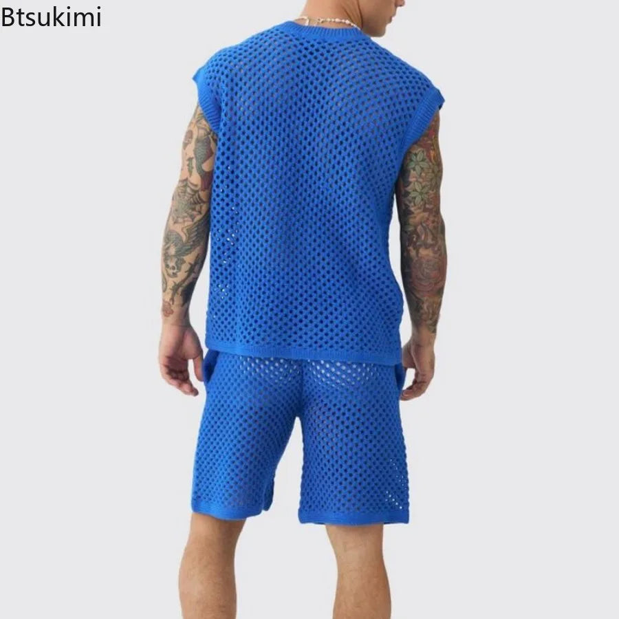 New Men's Summer Casual Knit V Neck Two-piece Sets Fashion Solid Loose Tank Tops and Shorts Sport Suit Men Hollow Out Streetwear