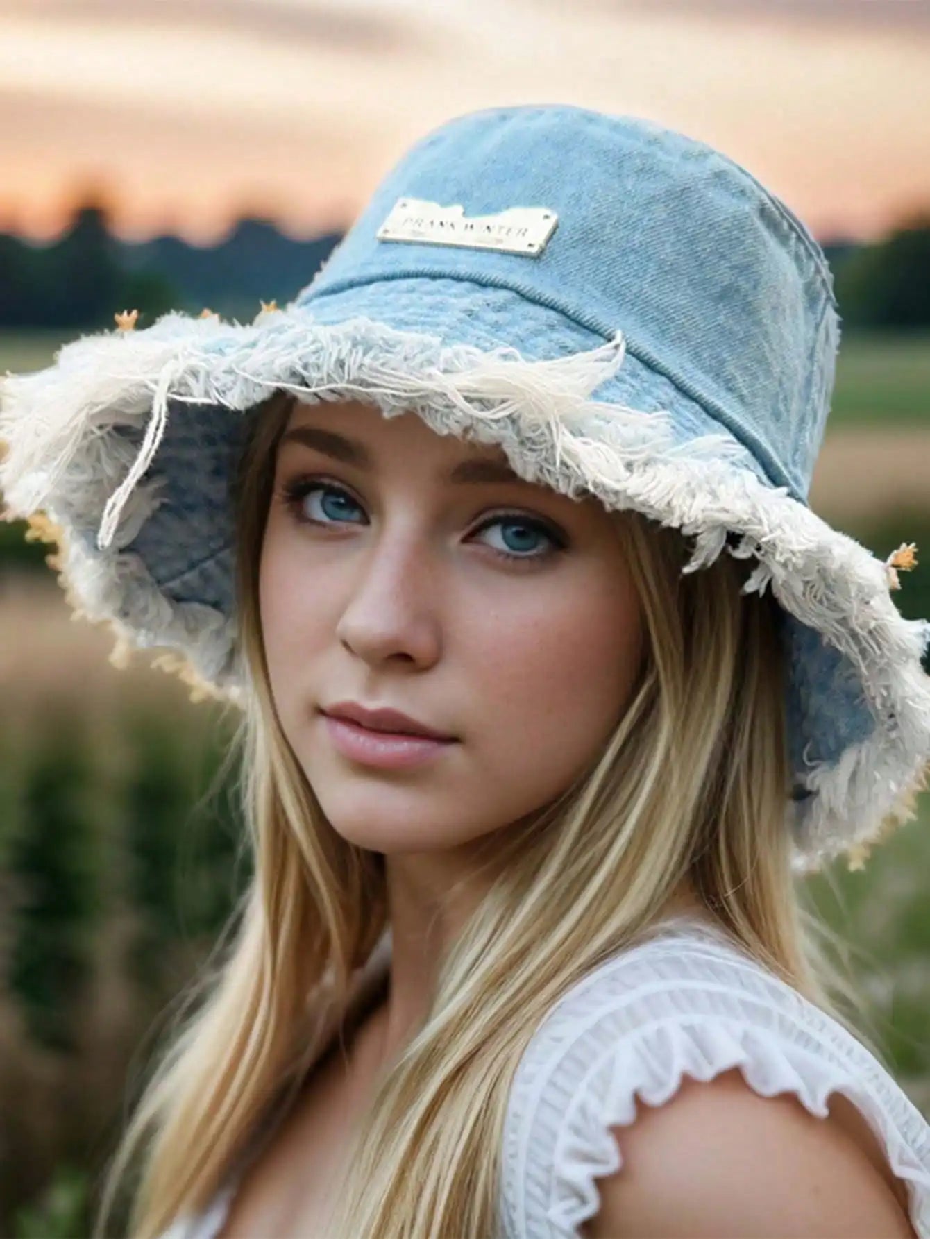Women Sunscreen Casual Bucket Hat With Silver Letter Badge And Frayed Brim, Suitable For Travel And Shopping Outfits Music Fest