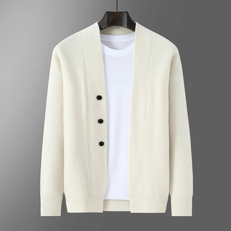 2025 Autumn Winter New Thick Cardigan 100% Pure Wool Men's Versatile Jacket V-Neck Loose Casual Highend Knitted Cashmere Sweater