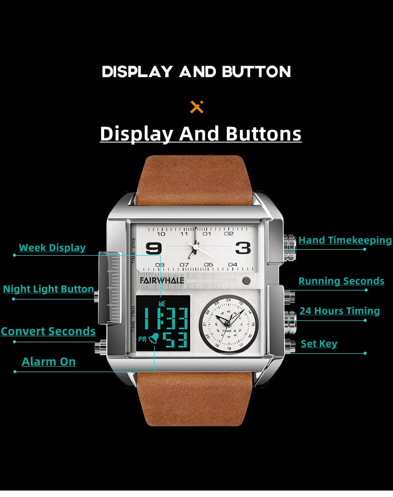 Mark Fairwhale 4270 Retro Square Men's Electronic Digital Dual Display Waterproof Night Light Leisure Men's Clock reloj hombre