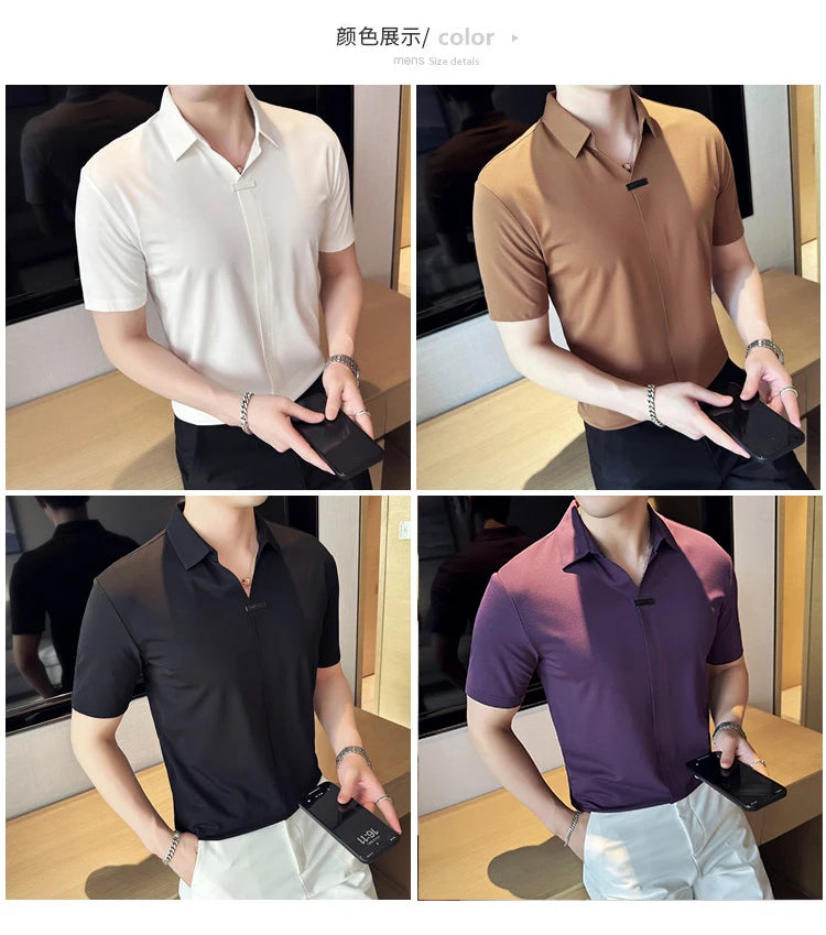 Luxury Purple Polo Shirts For Men High Quality Summer Short Sleeve Men's Polos Ice Silk Elastic Slim Fit Turn Down Collar Tees