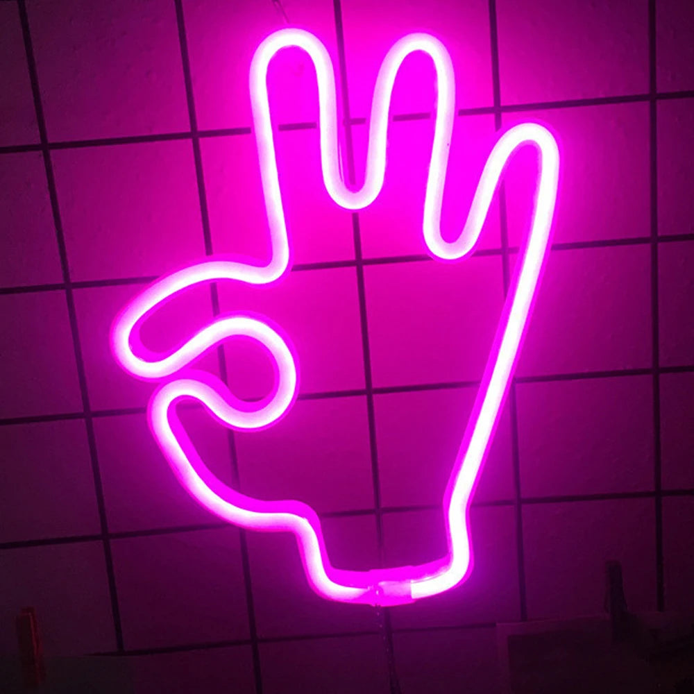 Peace Hand LED Neon Sign Win Victory Gesture Finger Night Lamp OK Neon Lights Bedroom Living Room Wall Home Office Decor