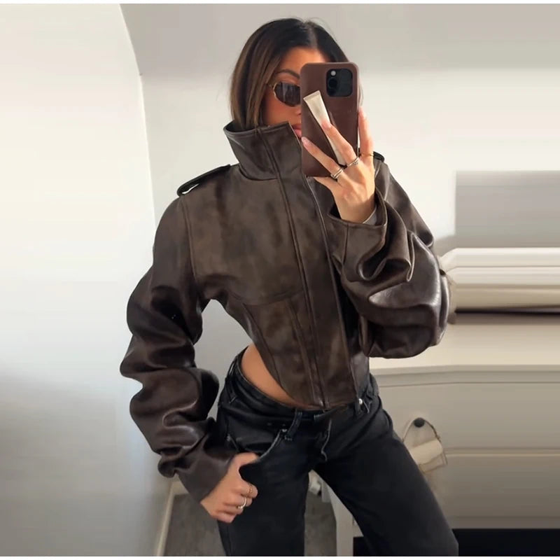 Fashion Lapel Leather Jacket Women's Full Sleeve Slim Solid Zippers Coat 2026 Spring New Lady Edgy Casual High Street Outerwear