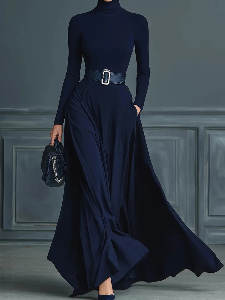 Spring Autumn Women Solid Color Turtleneck Maxi Dress, Holiday Long Sleeve Casual Party Dress, New Patchwork Simple Ladies Dress