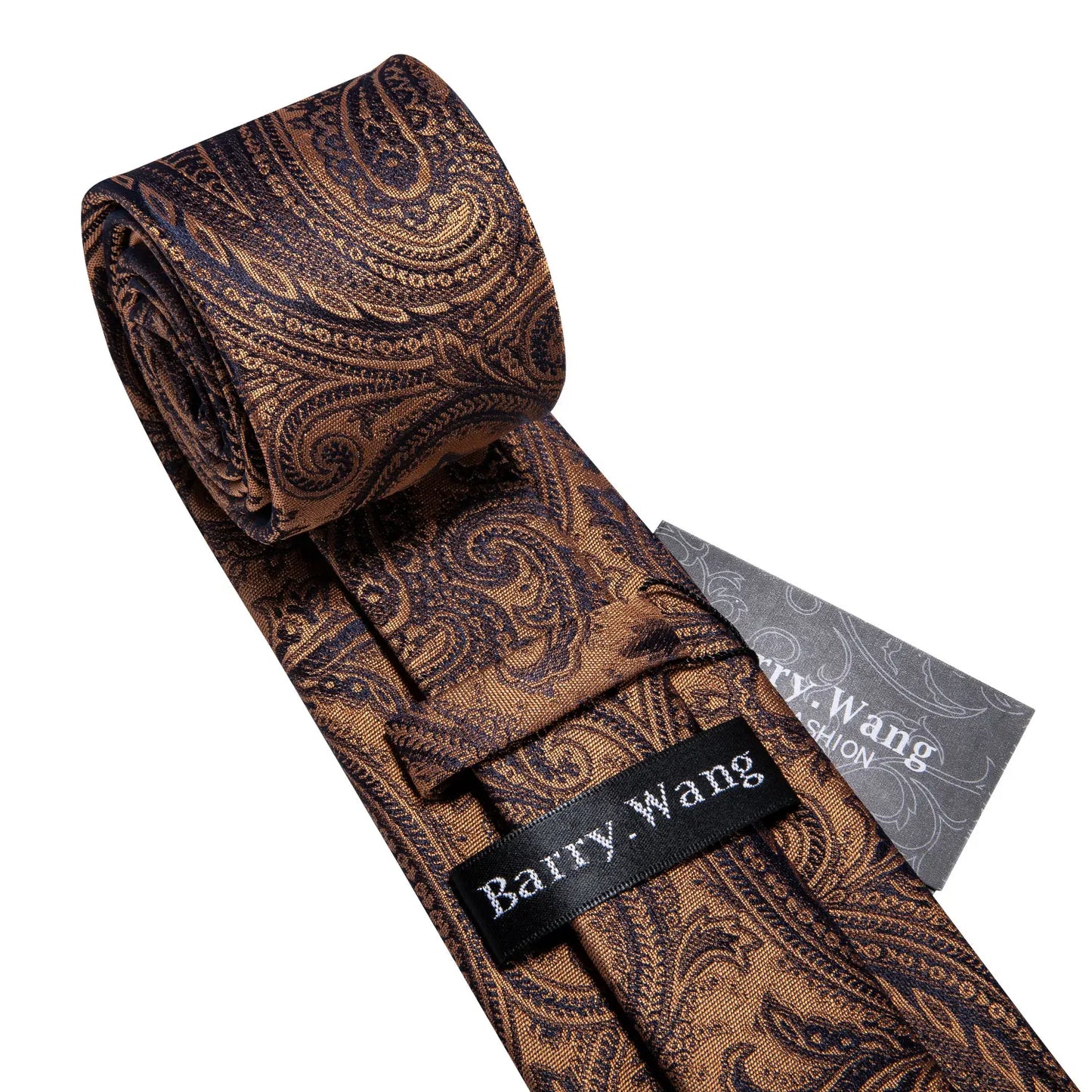 Barry.Wang Orange Brown Silk Mens Tie Hanky Cufflinks Set Gold Coffee Jacquard Designer Necktie For Male Wedding Business Party