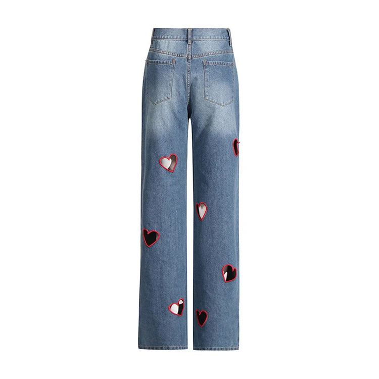2025 Summer New Fashion Women's Jeans High Waist Straight Wide Leg Embroidery Heart Hollow Out Female Denim Pants