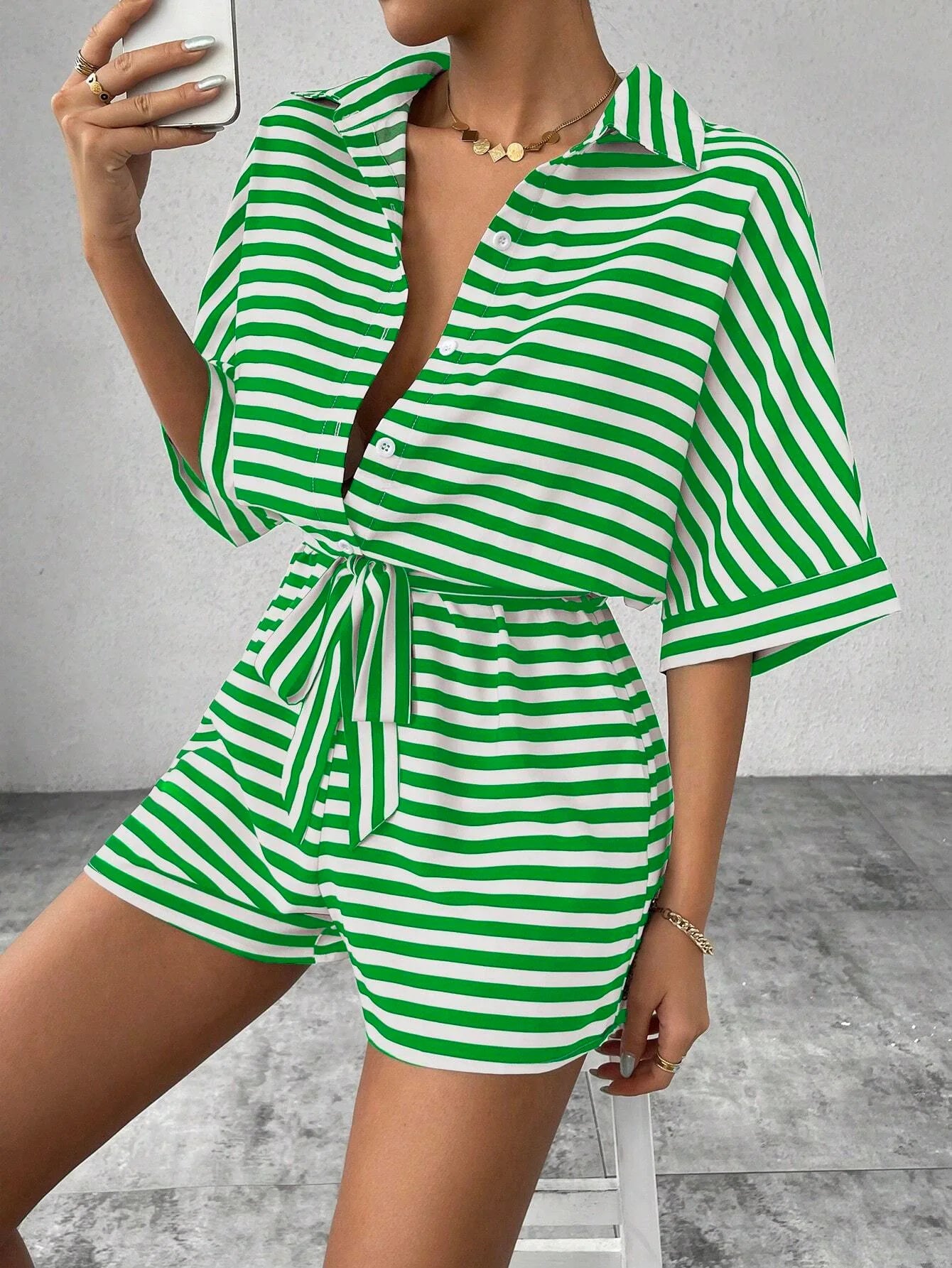 Summer New Set For Women's Casual Loose Comfortable Outfit Fashion Striped Batwing Sleeve Shirt Top+ Shorts 2-piece Sets Woman
