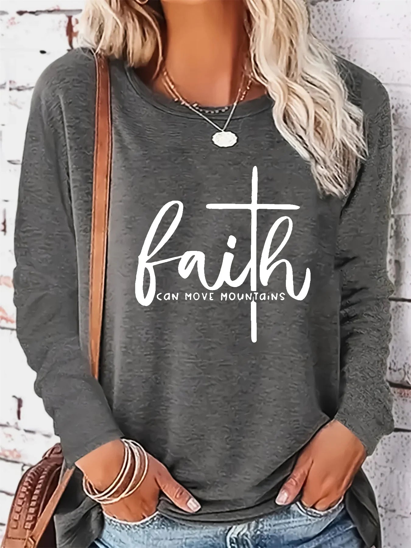 Women's Spring and Autumn 100% pure cotton fashionable casual loose letter pattern printed round neck long sleeved T-shirt top