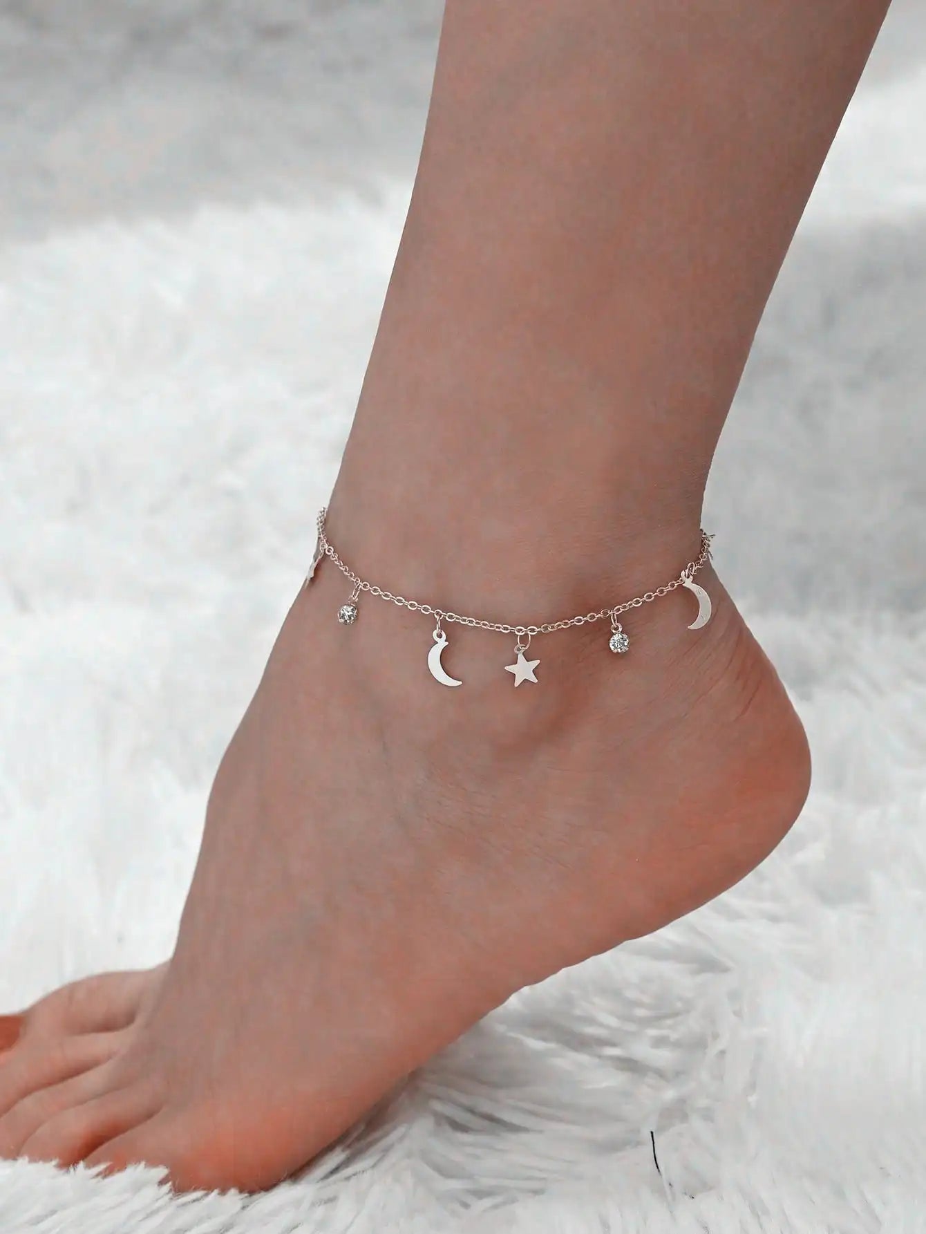 1pc Elegant Women'S Ankle Bracelet - Bohemian Style with Floral & Star Charms, Rhinestone Accents, Stainless Steel Charm Bracele