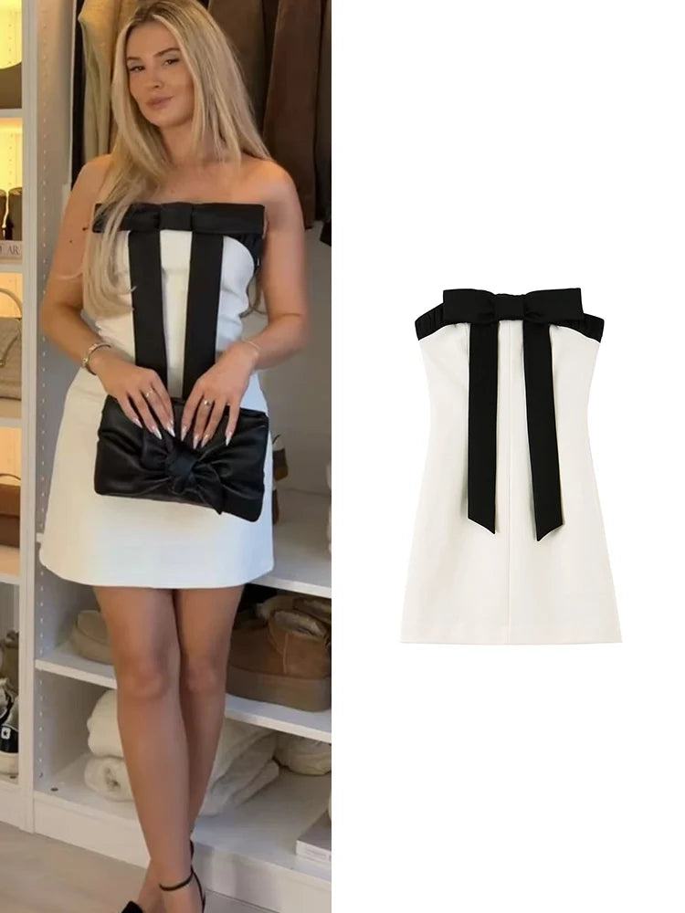 Women Strapless Mini Dress With Bow Fashion Off Shoulder Straight Neck Slim Club Party Clothing Female Sexy Dress 2026 New