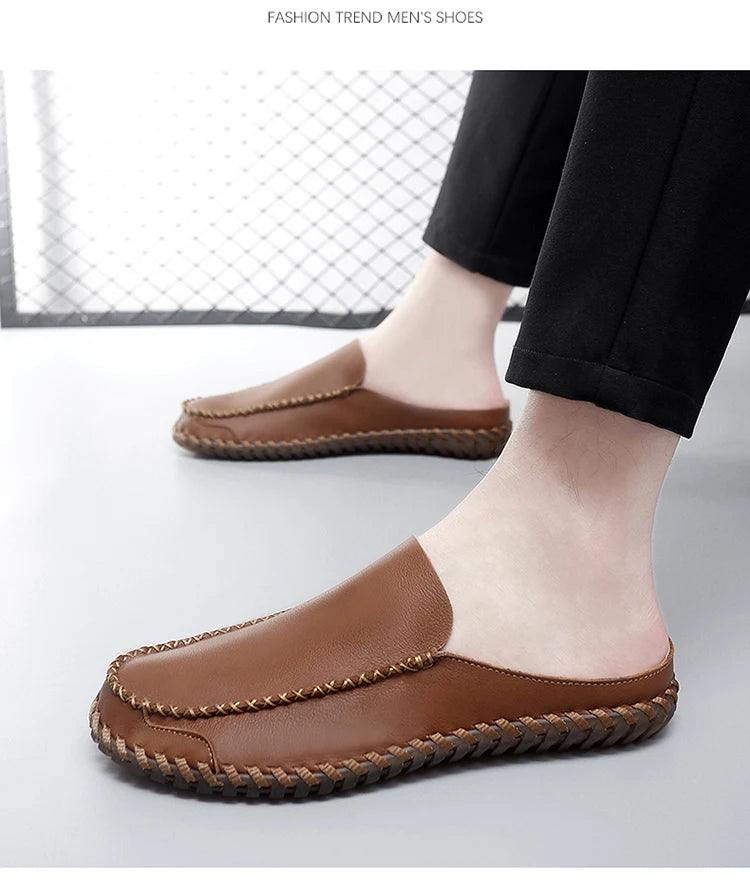 Plus Size 38-48 Handmade Mules Mens Backless Loafers Slippers Half Shoes For Men Slide Closed Toe Sandals Semi-Drag Casual Shoes