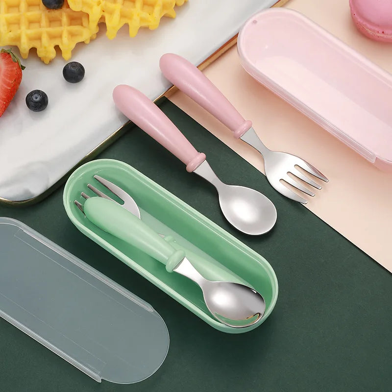 3-Piece Children's Utensil Set 304 Stainless Steel Spoon Fork for Toddlers with Portable Case Travel Kids Cutlery Tableware Gift
