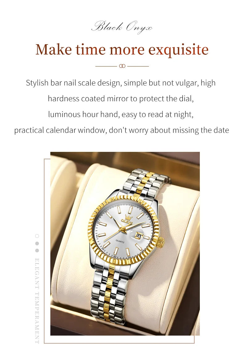 OLEVS 5593 Ladies Watches Original Luxury Quartz Wristwatch Stainless Steel Waterproof Luminous Day Date Watch Bracelet Set ﻿