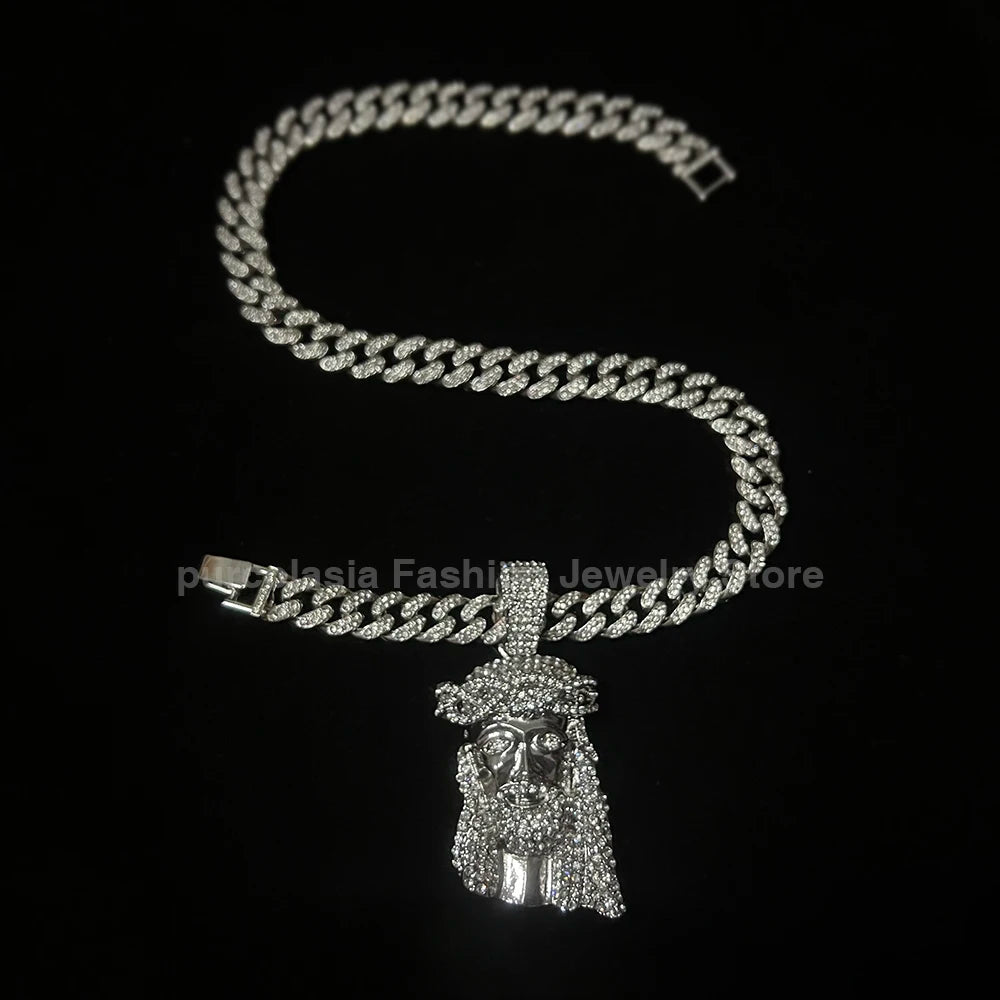 Men Hip Hop Rapper Popular Necklace Religious Jesus Portrait Pendant Rhinestones Cuban Chain Jewelry