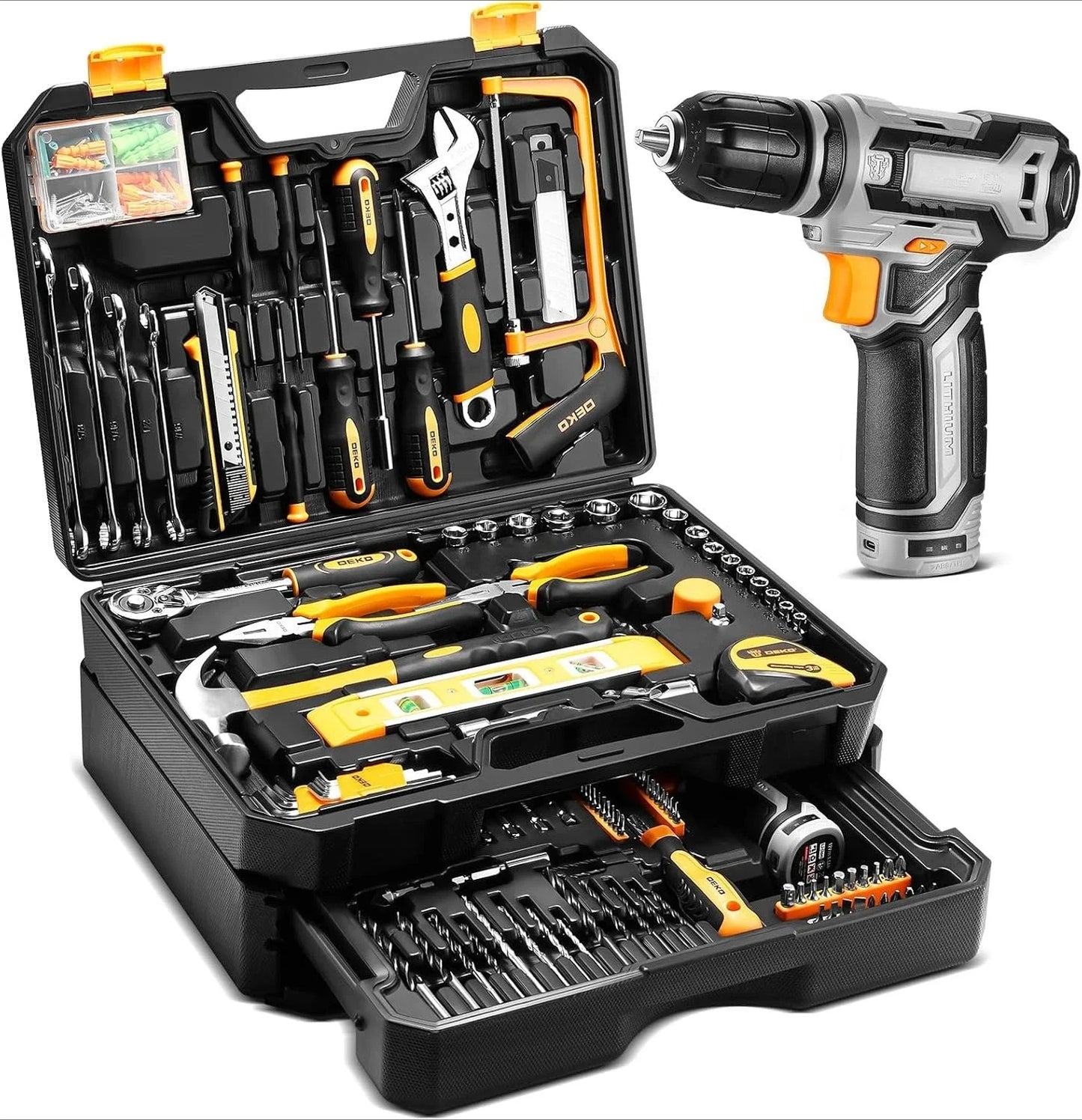 Tool Kit Box Drill Set：Home Mechanic Toolbox with 12V Power Cordless Drill Hand Repair Tools Sets Combo Kits Storage Drawer