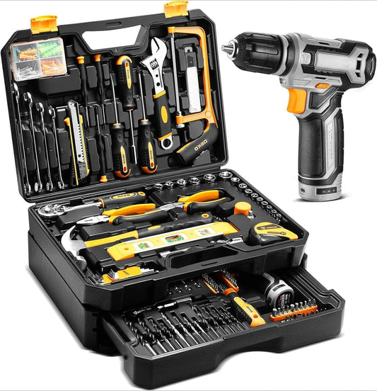 Tool Kit Box Drill Set：Home Mechanic Toolbox with 12V Power Cordless Drill Hand Repair Tools Sets Combo Kits Storage Drawer