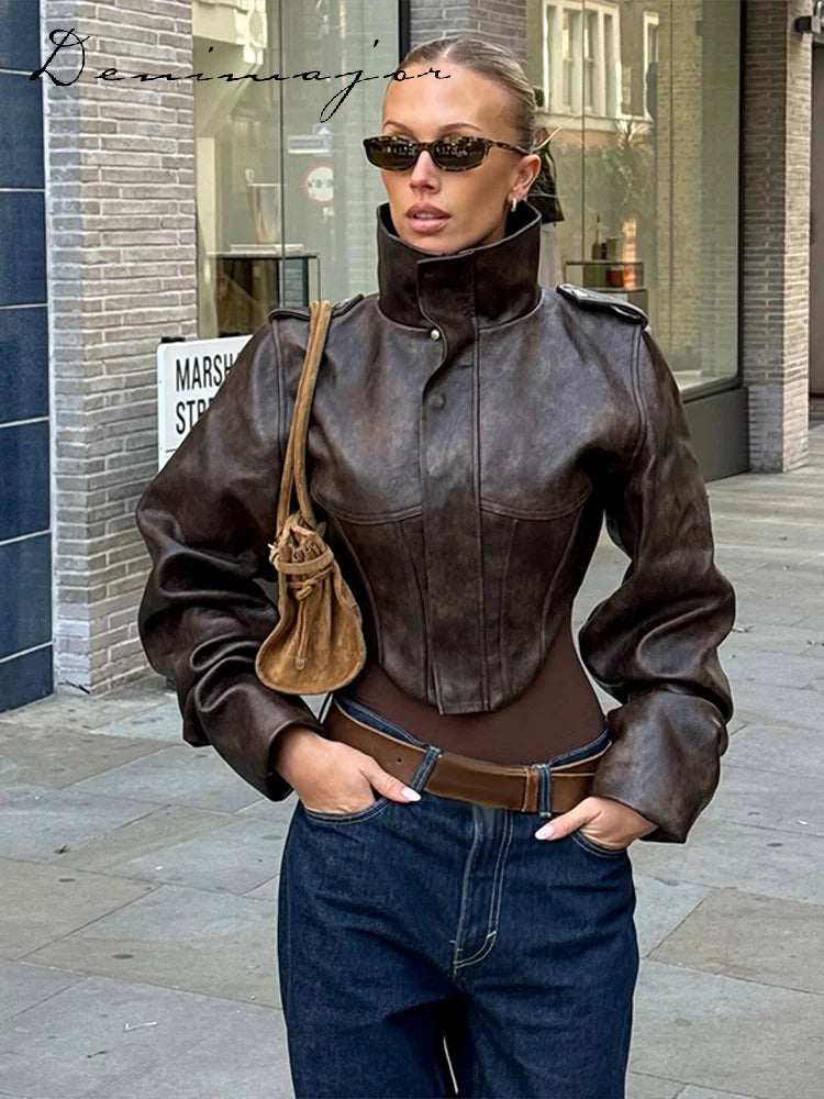 Fashion Lapel Leather Jacket Women's Full Sleeve Slim Solid Zippers Coat 2026 Spring New Lady Edgy Casual High Street Outerwear