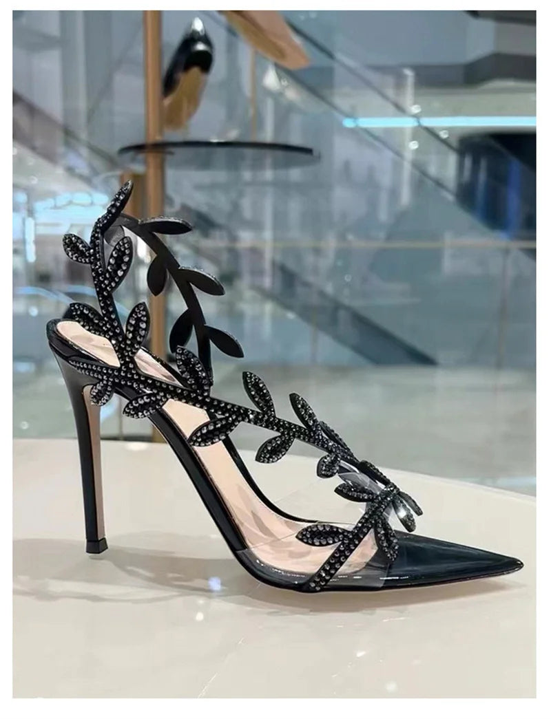 European American Pointed-Toed Rhinestone Leaves Thin Heel Sandals 2025 Spring And Autumn New Style Fashionable Elegant Party