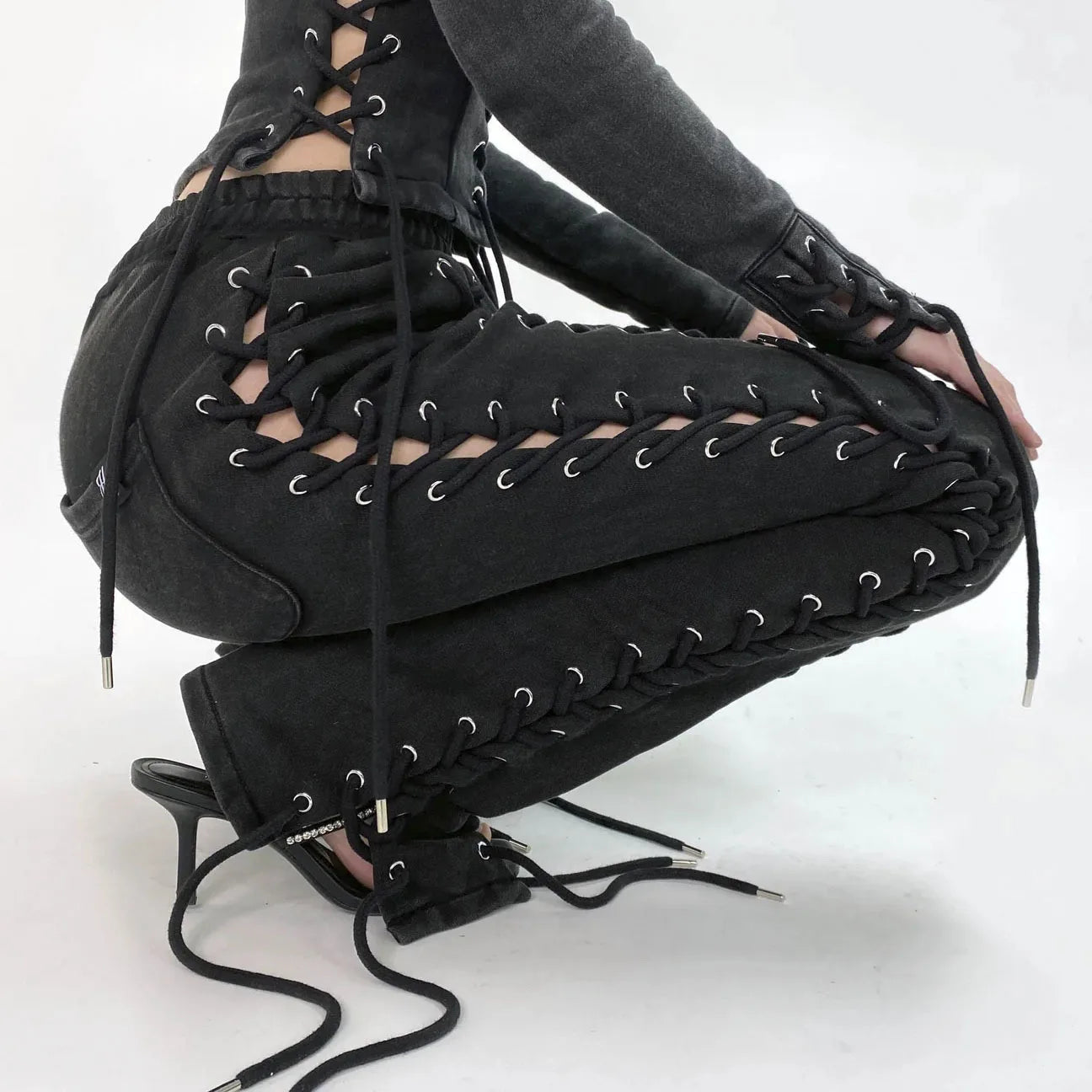 BoozRey Y2k Women Pants Streetwear Low Waist Pant 90s Vintage Clothes Skinny Slim Sexy Lace Up Hollow Out Straight Trousers