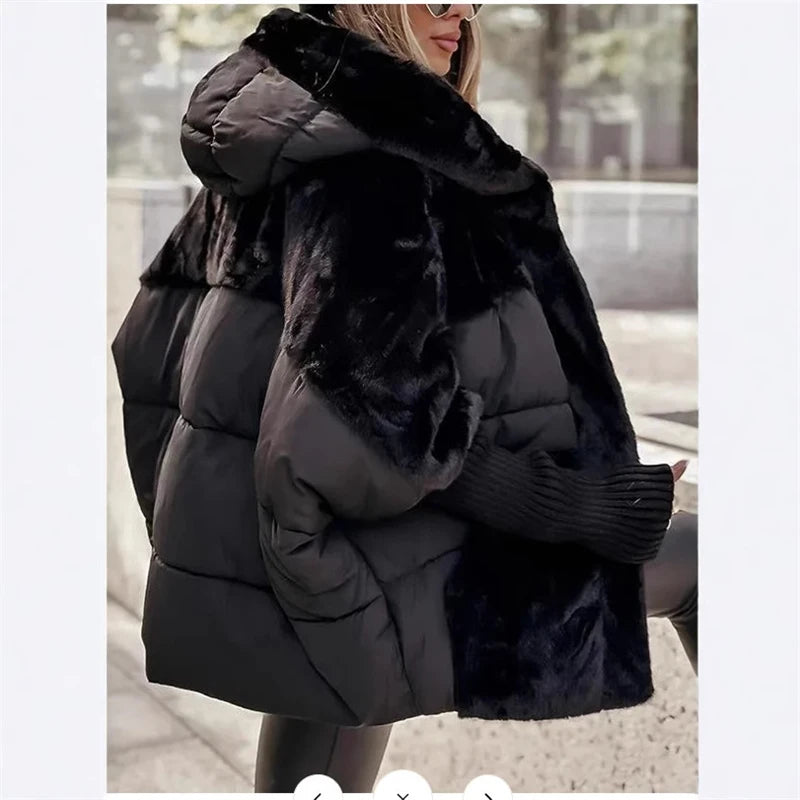 Women‘s Hooded Patchwork Warm Coat Autumn Padded Jacket Oversize Outerwear In Winter