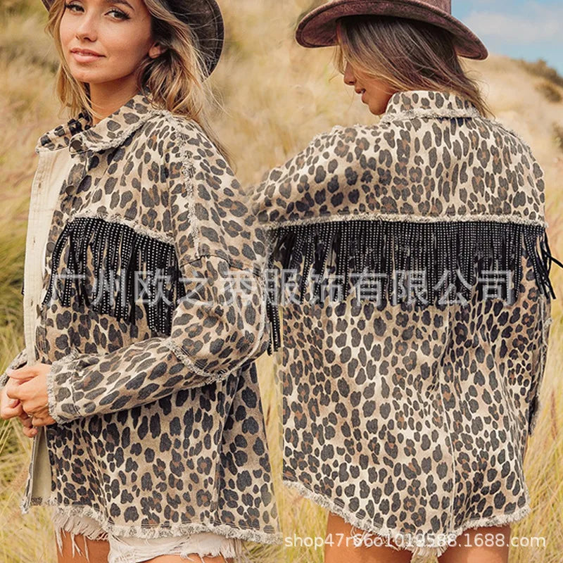 Women Spring Diamonds Beaded Tassels Washed Old Leopard Printed Denim Jacket Fringed Jeans Coat Cowboy Cardigan Streetwear Tops