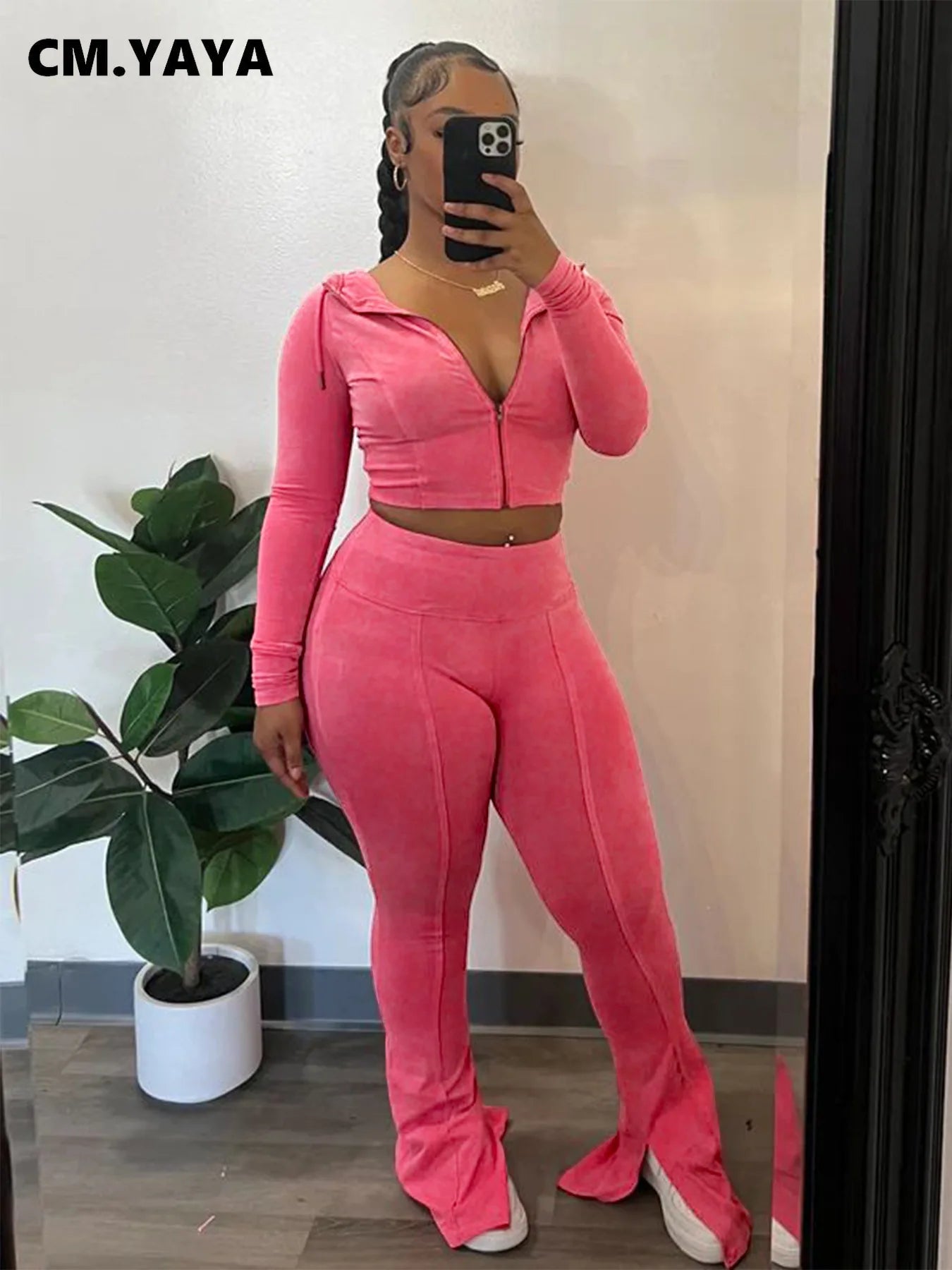CM.YAYA Fashion Women's Set Long Sleeve Hooded Jacket and Slit Hem Flare Pants 2024 Fitness Two 2 Piece Set Outfits Tracksuit