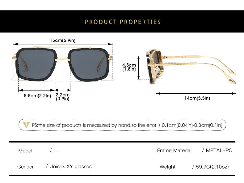 Large Square Sunglasses Men Steampunk Style Metal Pilot Sun Glasses Luxury Designer Brand Eyewear Fashion Shades Double Beam