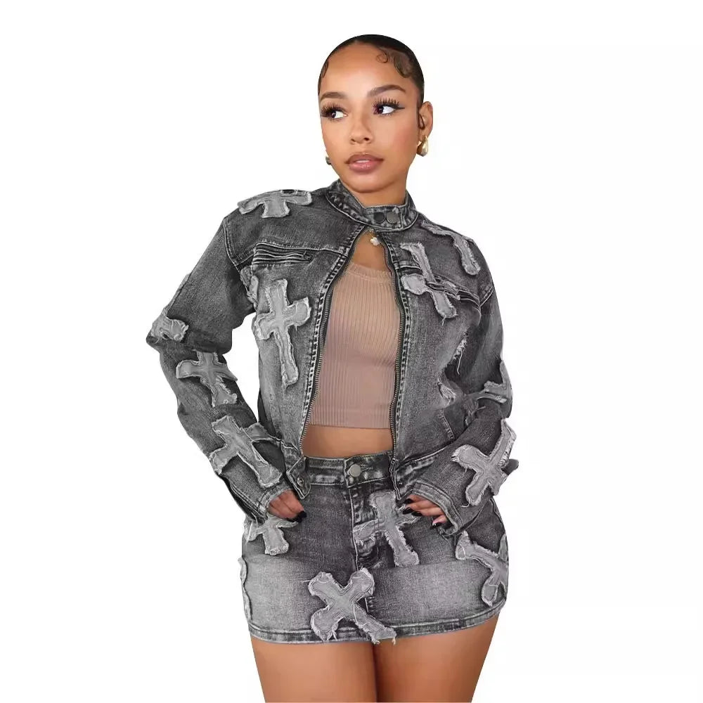 Spring New Denim Skirt Set F8505 Cross-Border Hot Sale Embroidered Short Skirt Jacket Set Cotton Knee-Length Women's Outfit