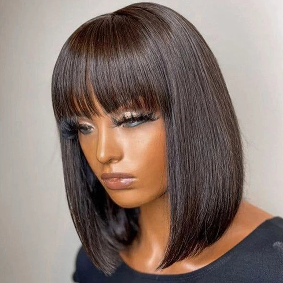 Brazilian Short Straight Hair Bob Wigs Non Lace Glueless Bob Wig Human Hair Wig With Bangs Remy Full Machine Made Wig for Women
