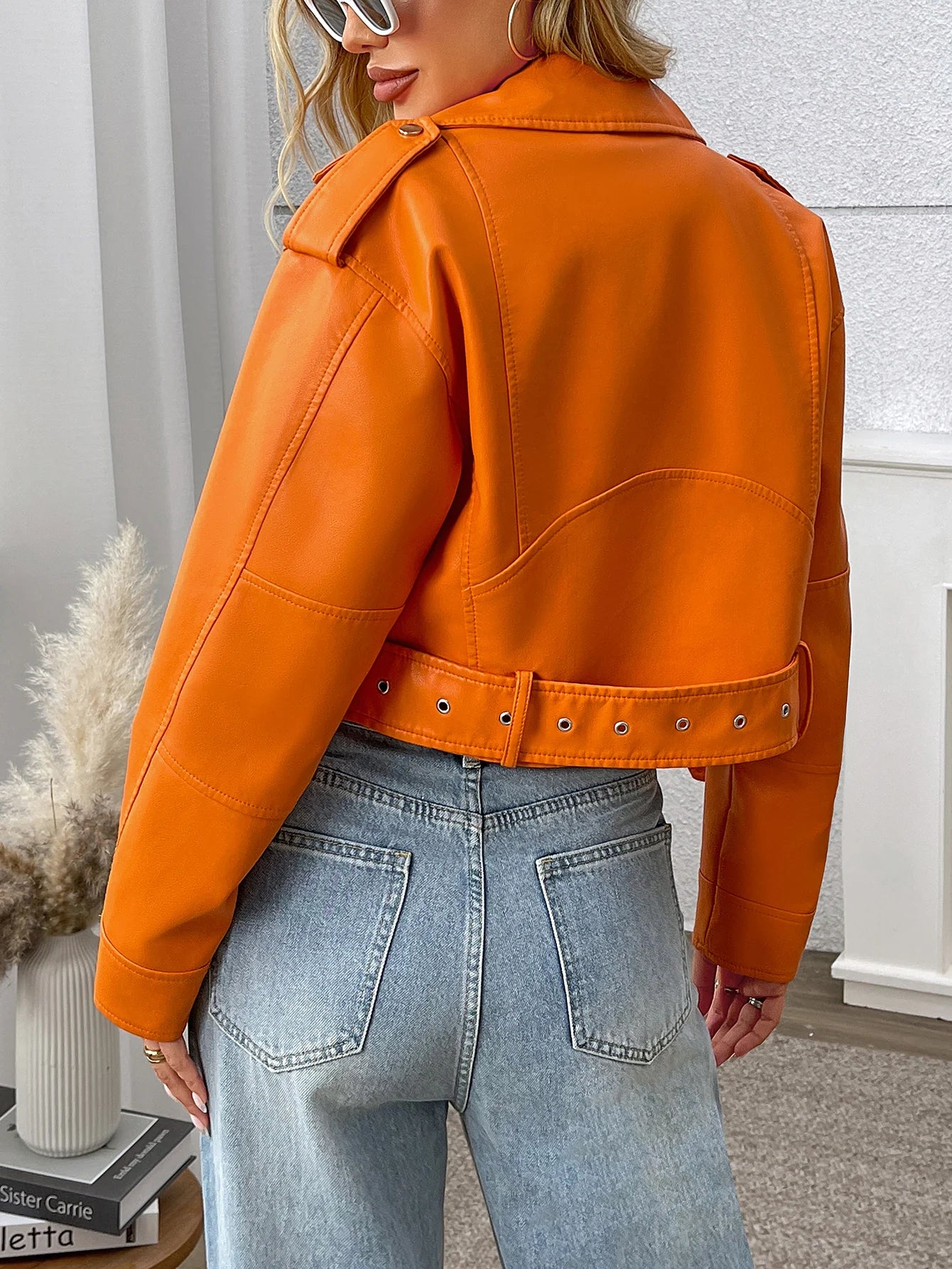 Fitaylor Spring Autumn Women PU Leather Jacket Lady Lapel Motorcycle Leather Outwear Casual Orange Coat