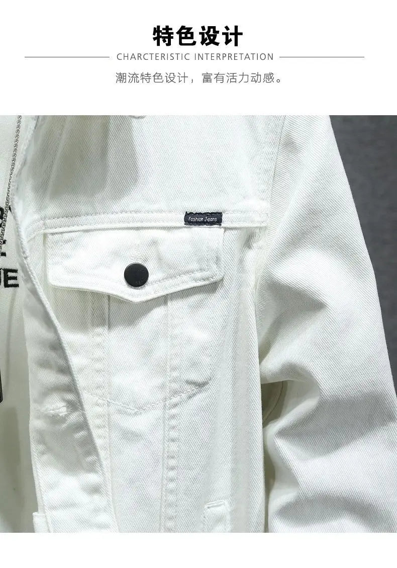 2024 Spring Men Solid Lapel Denim Jackets Fashion Motorcycle Jeans Jackets Hommes Slim Fit Cotton Casual Black White Coats