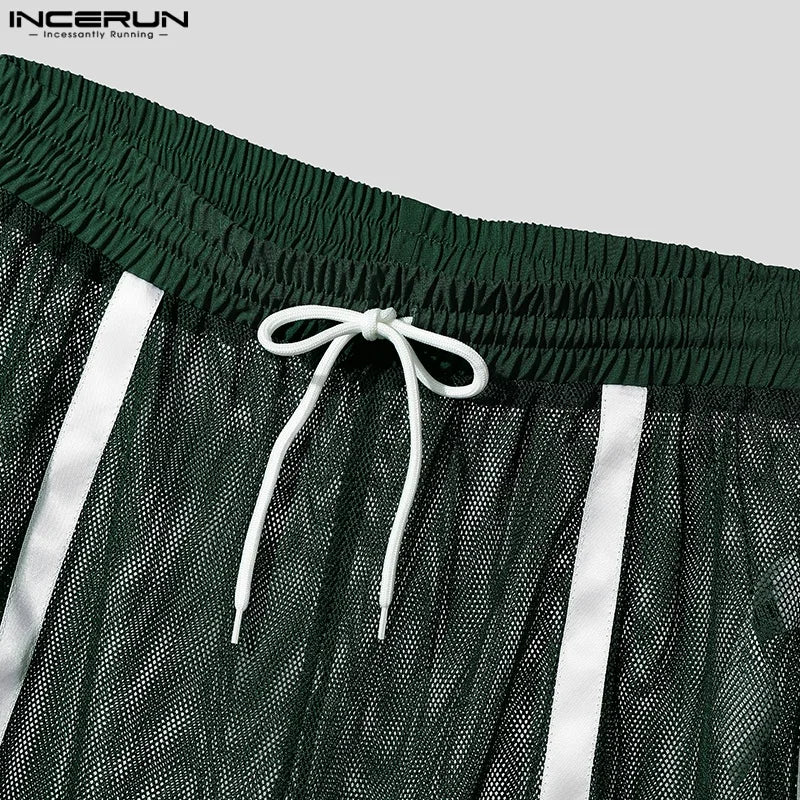 INCERUN Men Shorts Mesh Patchwork Drawstring Loose Transparent Male Shorts Streetwear Summer 2025 Sexy Vacation Men Bottoms