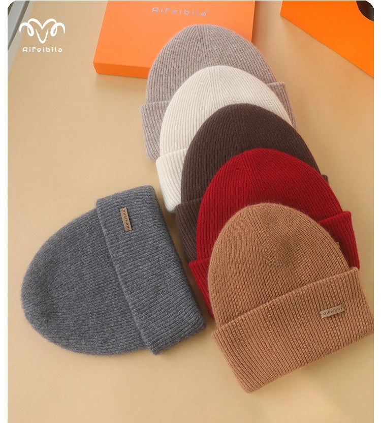 100% Merino Wool Double-Sided Beanie for Men Women Thick Soft Warm Winter Skull Caps Solid Color Knitted Beanies Hat